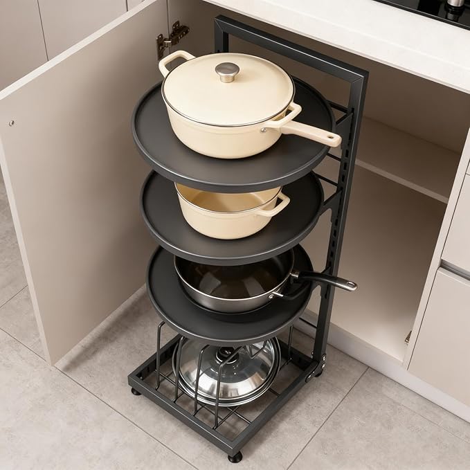 Pssopp Adjustable 4 Tier Pot Organizer, Carbon Steel Under Cabinet Pot Cookware Storage Rack for Pans Lids Kitchen Utensil