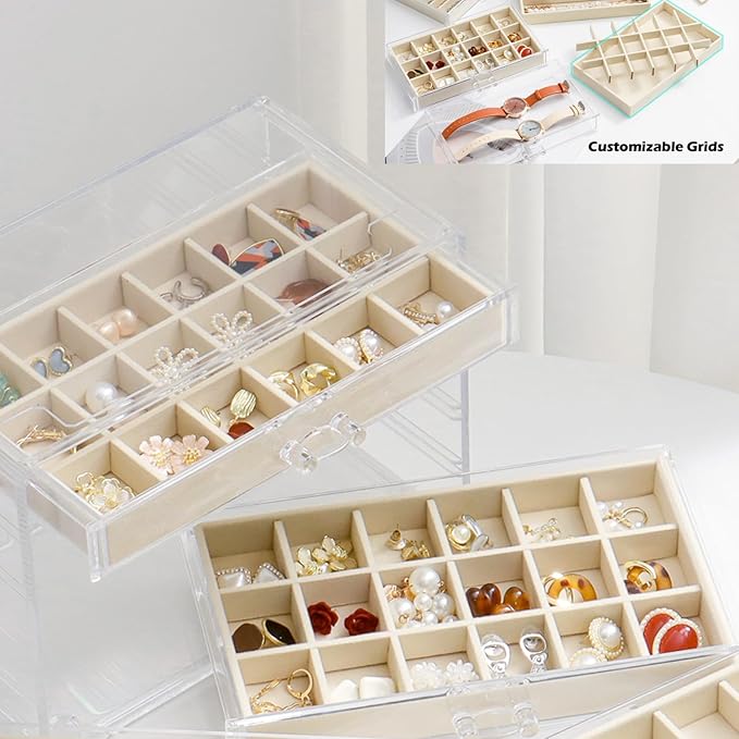 Jewelry Organizer with 5 Drawers Clear Acrylic Earring Display Case Velvet Jewelry Storage Box Display Holder for Earring Ring Bracelet Necklace (Beige, 60 Grids)