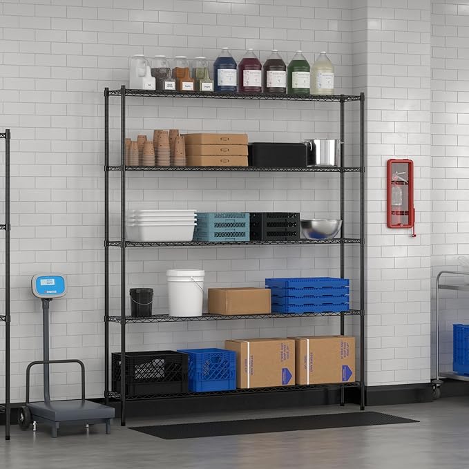 Commercial NSF Listed Black Epoxy Stationary Wire Shelving Kit 12" x 72" x 86", with 5 Shelves Perfect for Warehouse, Walk-in Refrigerator, Freezer, Grocery Store, Restaurant, Dishroom