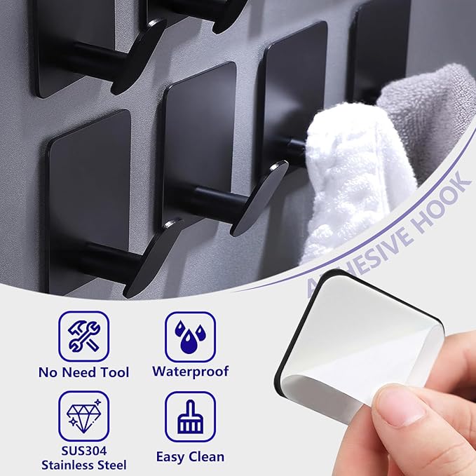 Stainless Steel Adhesive Hooks Black - 304 Metal Wall Hooks Hanger for Hanging Towel Coat Hat Shower Hooks, Robe Hook Rack Stick on Toliet Bathroom Bedroom Office or Kitchen Wall Mount (4 Packs)