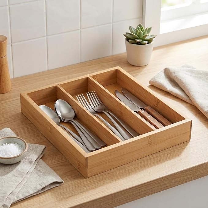 Wooden Silverware Organizer for Drawer, Bamboo Utensil Drawer Organizers, Kitchen Utensil Organizer Tray with 3 Storage Compartments, Flatware Organizers for Cutlery Flatware "9.84 x 8.27 x 1.57"