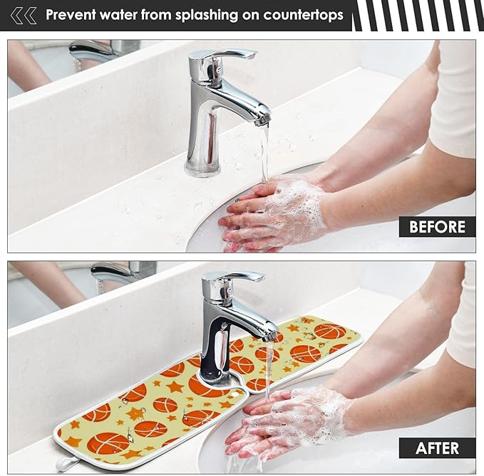 2 PCS Kitchen Sink Splash Guard 30 Inch Faucet Mat for Kitchen Sink Bathroom Sink Faucet Absorbing Drip Drain Mat Pad Microfiber Soft Washable Orange and Green Basketball Stars