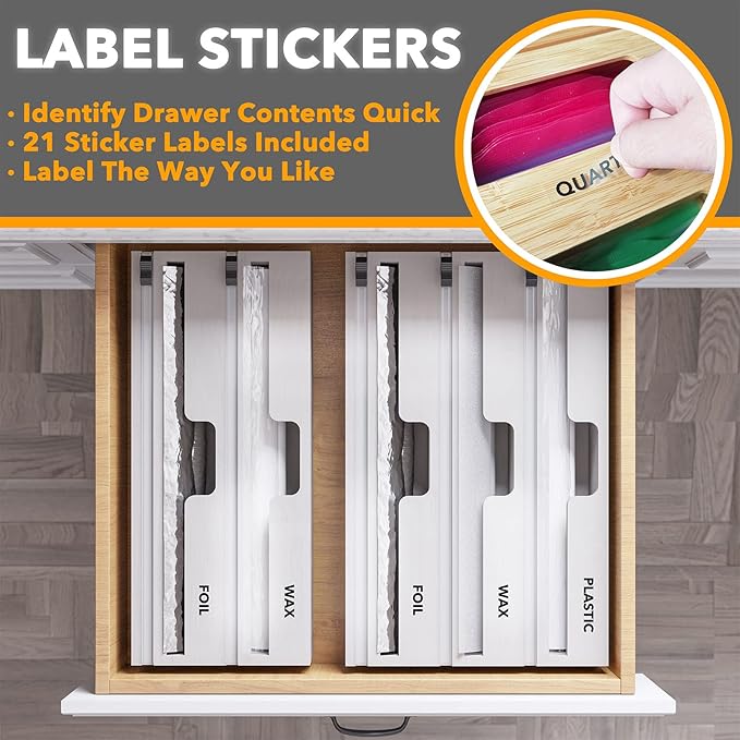 SpaceAid WrapNeat 2 in 1 Wrap Organizer with Cutter and Labels, Plastic Wrap, Aluminum Foil and Wax Bamboo Dispenser for Kitchen Storage Organization Holder for 12" Roll (White)