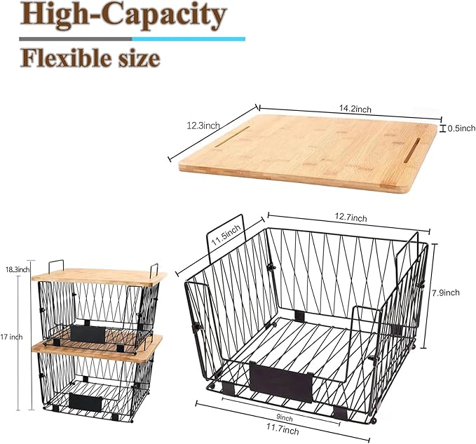【XXL Big Size】1 Pack Stackable Wire Storage Baskets with Wood Lid- Pantry Cabinet Organization, Kitchen Counter Basket for Fruit Vegetable -Large Metal Bin for Pantry Organization and Storage, Black