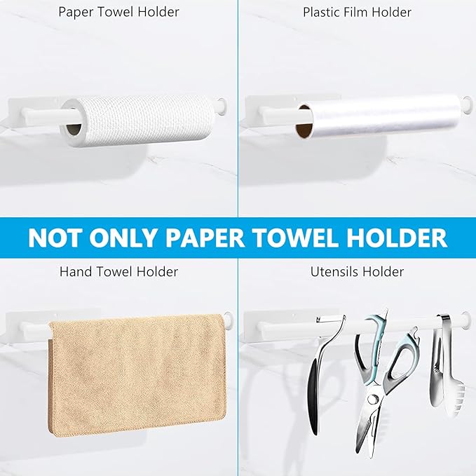 White Paper Towel Holder, Self Adhesive Paper Towel Roll Holder Under Cabinet, Stainless Steel Wall Mount Towel Paper Holder for Kitchen, Bathroom, RV