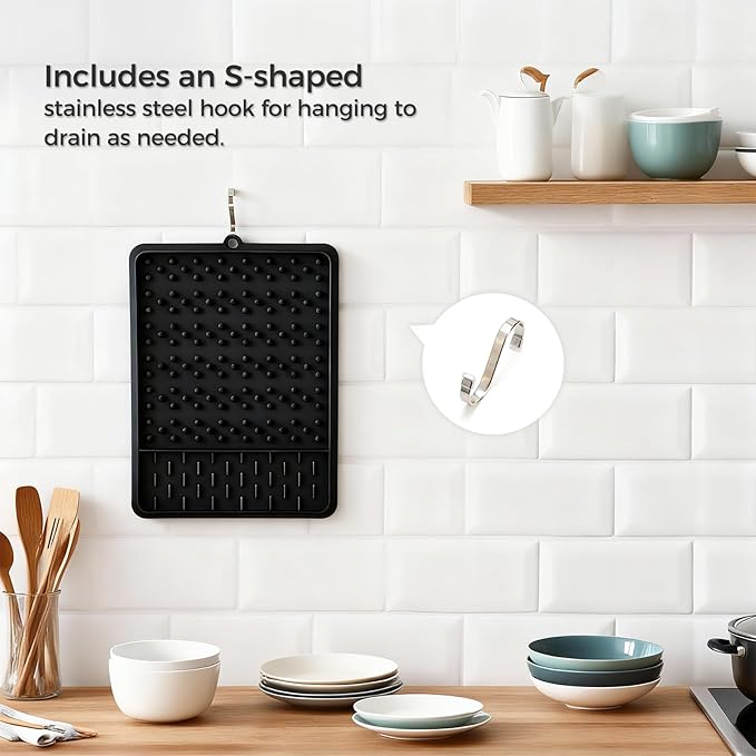 15.75"x11.18" Silicone Dish Drying Mat for Kitchen Counter, Quick Dry Dish Mat with Dish Rack and Dual-Sided Independent Zones, Multiple Usage Kitchen Mat with Hanging Hook for Home (Black)