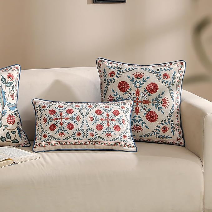 patdrea Designer Throw Pillow Covers,Lumbar Brilliant Vintage Red Tropical Linen with Floral Pattern Pillow Cover,Decorative Rectangle Pillowcases Cushion for Bed Living Room,12"x20"