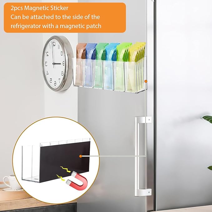 2 PACK Drink Packet Organizer with Removable Divider & Compartment, Mountable Water Packet Organizers Container Storage with 6pcs Adhesive & 2 Magnetic Stickers for Powder Water Packets