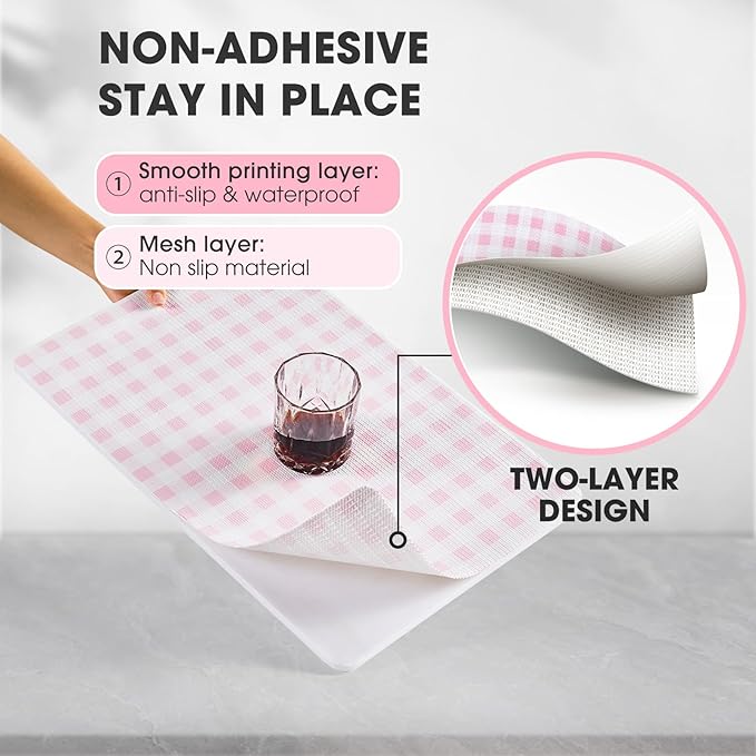 ALIUNI Drawer and Shelf Liner, Non-Slip Kitchen Cabinet Liners Non-Adhesive Thick Strong Grip Waterproof Washable Mats Protect Dresser Shelves Cupboard Bathroom Cabinets, Pink Plaid, 12 in X 20 FT