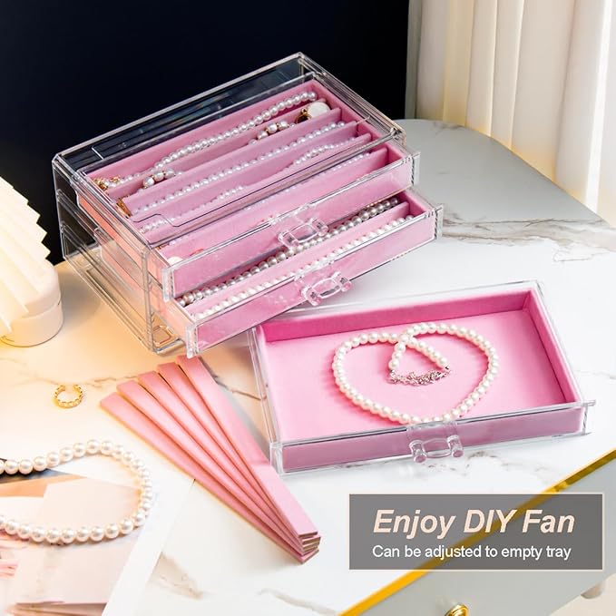 Necklace Holder Organizer, Dustproof Necklace Box Velvet Necklace Organizer Box with Lid Clear Acrylic Dustproof Stackable Jewelry Displays for Necklaces Chain Display (Pink, 5 Drawer)