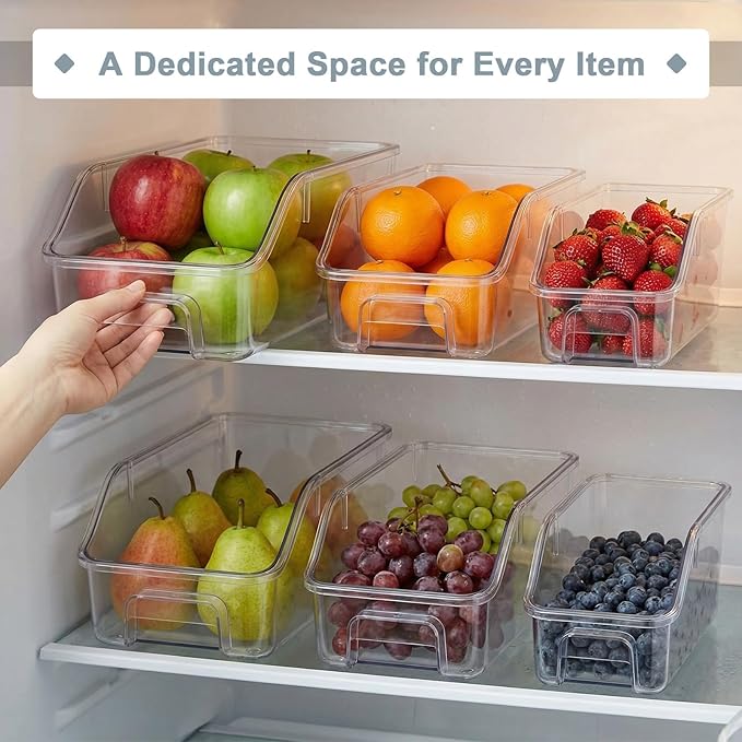 LemonRoad 6 Packs Clear Freezer Organizers and Storage Bins with Handle, Stackable Open Front Pantry Organizer Bins for Bathroom, Kitchen, Refrigerator, Pantry, Cabinet, Closet