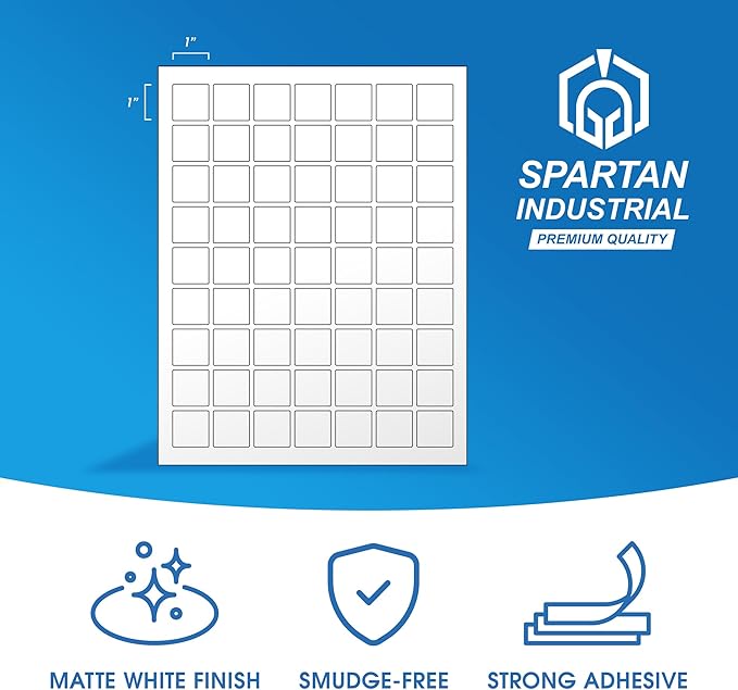 1" X 1" Square Printable Labels for Inkjet and Laser Printers - 500 Sheets, 31500 Matte White Custom Labels for Price Tags, QR Code Stickers, and Barcodes - Spartan Industrial Template S001