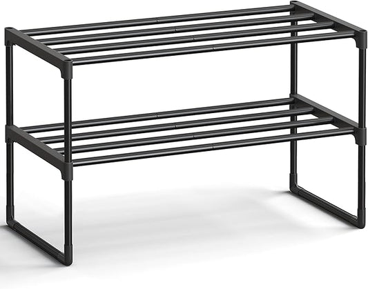 SONGMICS Shoe Rack, 2-Tier Shoe Organizer, Metal Storage Shelf, Upright or Upside Down, for 6-9 Pairs, Stackable, for Entryway, 11.8 x 26.8 x 13.2 Inches, Black ULSA202B01