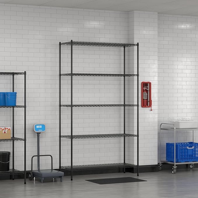 Commercial NSF Listed Black Epoxy Stationary Wire Shelving Kit 21" x 54" x 96", with 5 Shelves Perfect for Warehouse, Walk-in Refrigerator, Freezer, Grocery Store, Restaurant, Dishroom