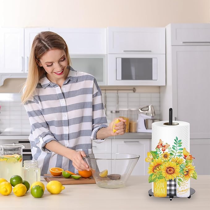 JarThenaAMCS Sunflower Paper Towel Holder Black Metal Kitchen Decor Accessories Vintage Spring Summer Sunshine Country Stuff Home Decoration for Countertop Housewarming Gift Supplies