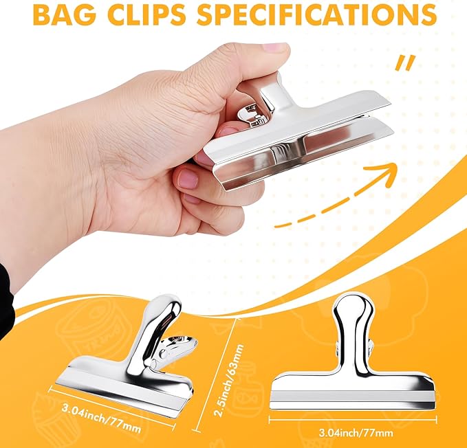 Chip Clips, 12Pcs Sliver Metal Bag Clips for Food Packages, Snack Chip Clip for Bags, Kitchen Snack Bag Clip for Food Packages and Office Home, 3 Inches
