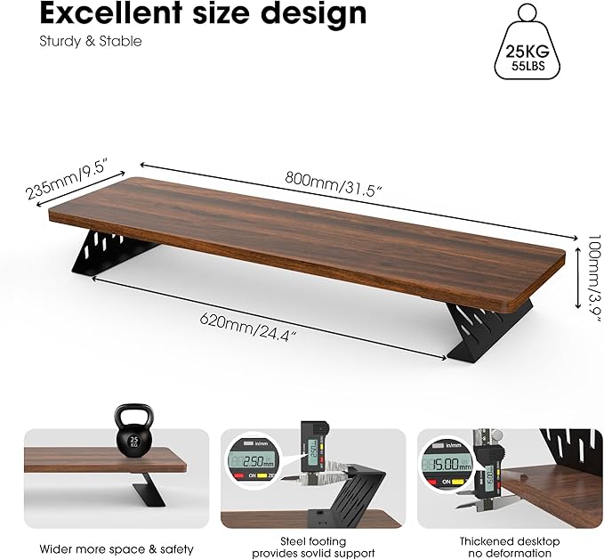 Fenge Monitor Stand Riser, Desk Top Shelf for 2 Monitors, Computer Stands for Desk, Wood & Steel Desktop Riser for Laptop, PC, Printer