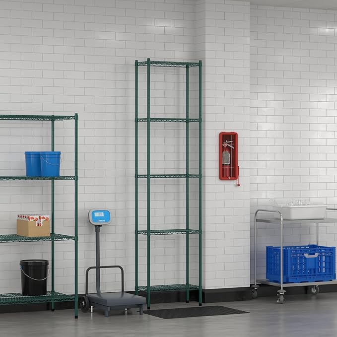 Commercial NSF Listed Green Epoxy Stationary Wire Shelving Kit 12" x 24" x 96", with 5 Shelves Perfect for Warehouse, Walk-in Refrigerator, Freezer, Grocery Store, Restaurant, Dishroom