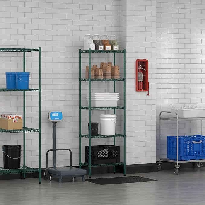 Commercial NSF Listed Green Epoxy Stationary Wire Shelving Kit 14" x 24" x 74", with 5 Shelves Perfect for Warehouse, Walk-in Refrigerator, Freezer, Grocery Store, Restaurant, Dishroom