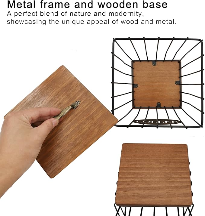 Square Coffee Pods Holder with Wooden Lid and Base,Large Capacity Wire Coffee Pods Storage Basket for Home Cafe Bar Countertop Decor(Black)
