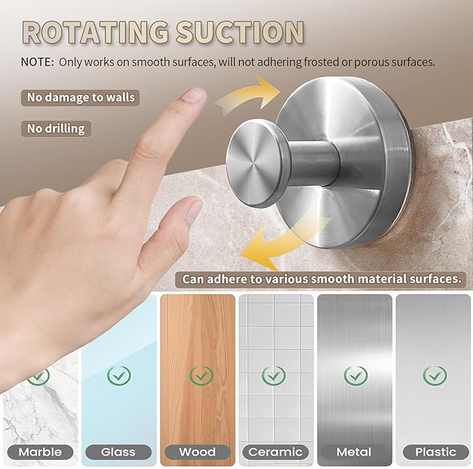 2026 Upgraded Drill-Free Suction Cup Hooks, Stainless Steel Suction Cup Hooks for Shower, Mirror, Wall, Bathroom, Glass, Hanging Towels - 4 Pack, Bright Silver