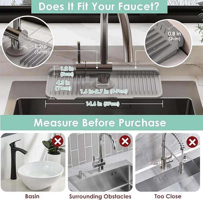 14.6 Inch Silicone Faucet Mat for Kitchen Sink Splash Guard - 7° Slope Water Draining Mat With Fasten Button for Bathroom Area (Gray, 14.6''x5.5'')