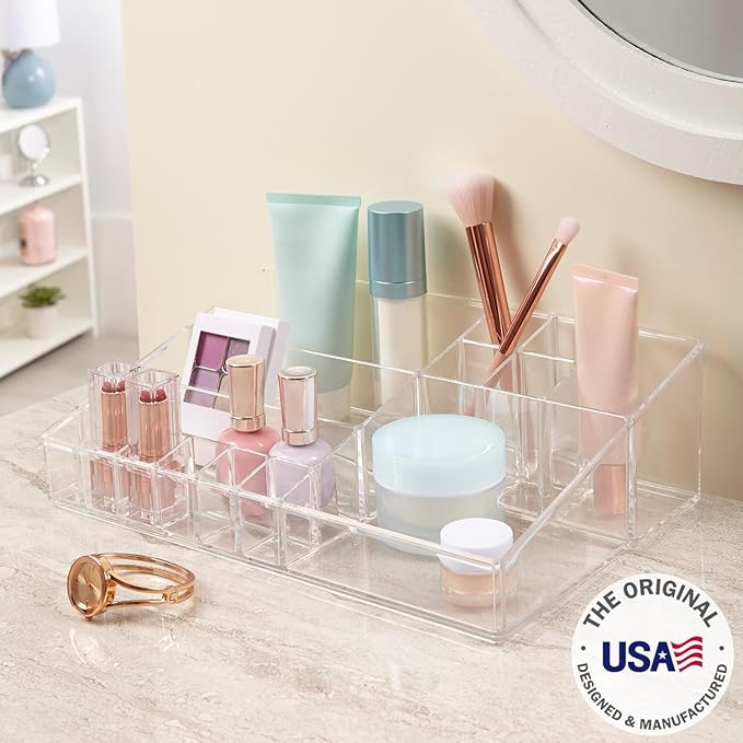 STORi Audrey Clear Vanity Makeup Organizer | 15-Compartment Holder for Brushes, Eyeshadow Palettes, & Beauty Supplies | Stacks on Audrey Storage Drawers | Made in USA | Vanity, Holder