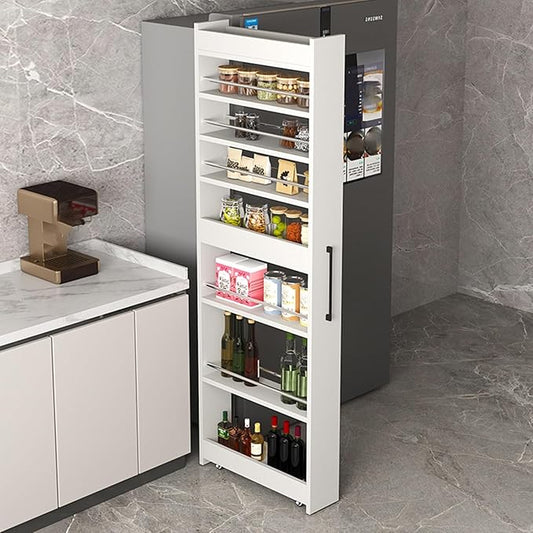 7 Tier Slim Rolling Storage Cart With Wheels,narrow Spice Rack Organizer Cabinet Next To Fridge,space-saving Wood Storage Organizer For Kitchen,pantry,laundry(D 21.65 x H 72.4 x W 5.91 IN, White)