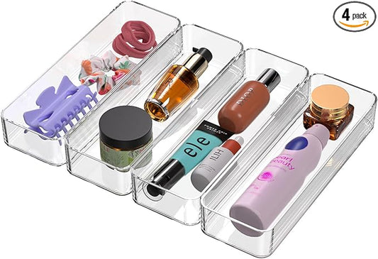 CHANCETSUI Clear Vanity Drawer Organizer Storage : Stackable Plastic Storage Tray For Makeup And Personal Care, 4 Pieces, 3x9 Inch