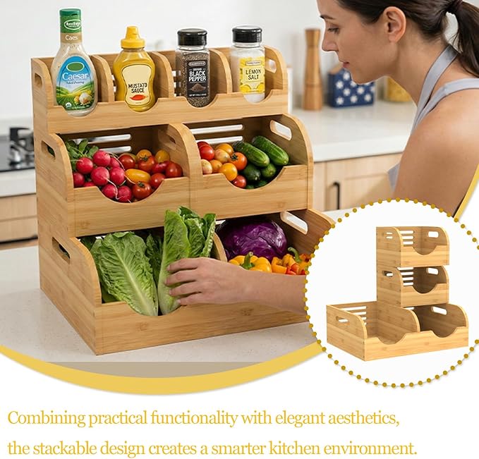Upgraded 3 Tier Bamboo Pantry Storage Bins, Stackable Potato and Onion Storage Bin with Airflow Vent, Potato Storage, Pantry Baskets, Vegetable Storage, for Kitchen Countertop, Cabinet, Living Room