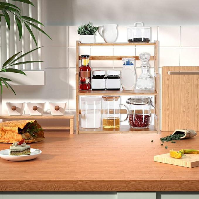 Bamboo Shelves, 15x7.5x16.5 Inch 3-Tier Wooden Spice Rack, With Adjustable Shelf Kitchen Countertop Organizer, Easy Installation Kitchen Counter Shelf for Dining Room Countertop Organizer