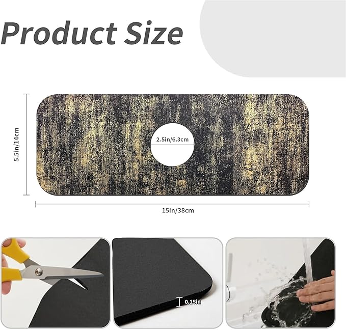 Kitchen Sink Splash Guard，Black and gold Faucet Mat Sink Gadgets-Super Absorbent Fast Drying Mat Drip Catcher for Kitchen, Bathroom,Sink Mat, Dish Drying Mat, Bathroom(15" X 5.5" )
