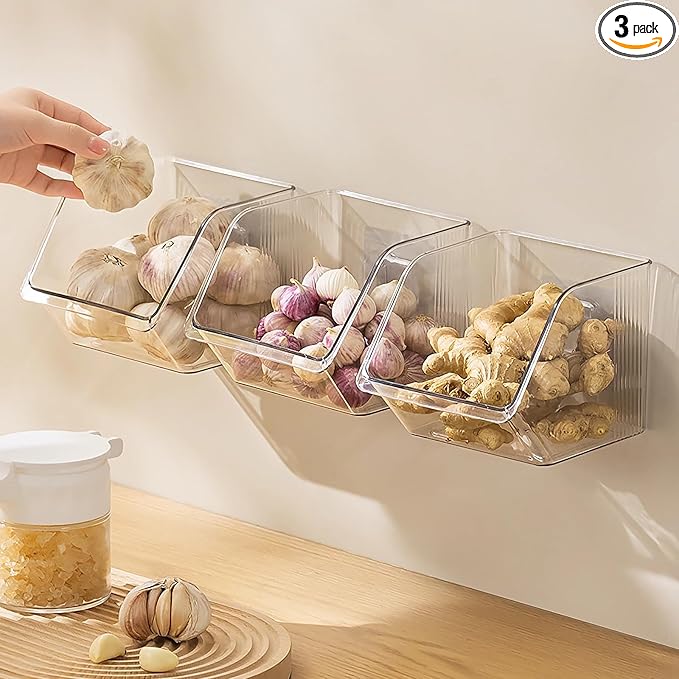 3-Pack Small Clear Storage Baskets, Adhesive Spice Rack Wall Mount for Countertop/Cabinet/Bathroom, Plastic Storage Bins Kitchen Wall Organizer and Storage Shelves, Spice Organizer
