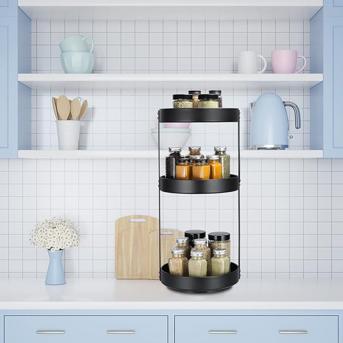 uxcell 3 Tier Lazy Susan Turntable, 10inch Metal Spice Rack Organizer for Kitchen Countertop Vertical Storage Rack Self Black