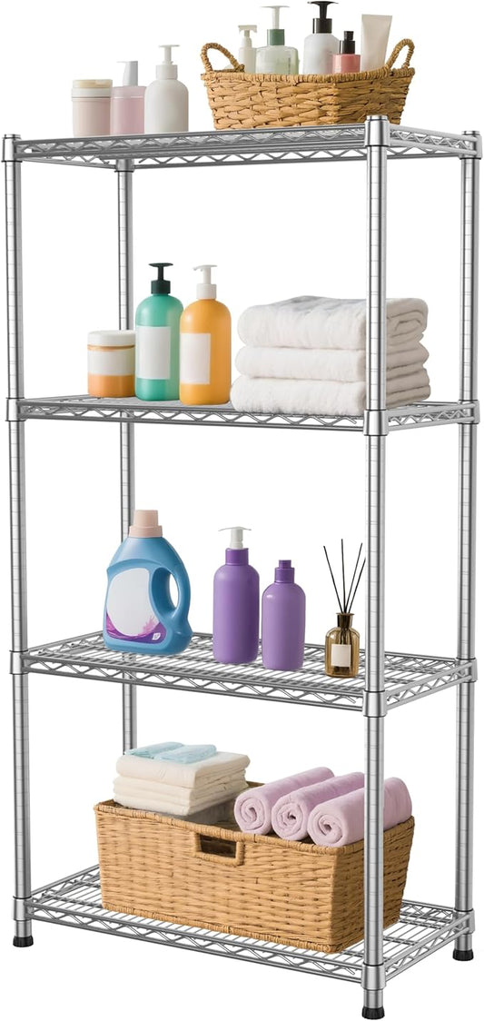 4- Shelf Metal Wire Shelving Unit Adjustable Metal Shelving Sturdy Steel Commercial Garage Storage Shelf organize Rack Units Heavy Duty 2200 LBS,for Laundry Bathroom Organization Kitchen Closet