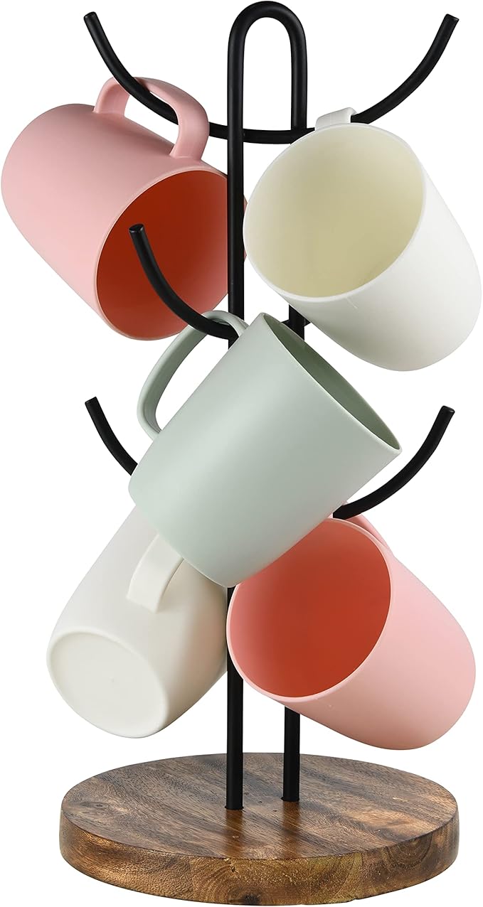 Tribello Coffee Mug Holder for Counter, Coffee Mug Tree Organizer for Kitchen - 6 Cup Holder - Modern Farmhouse Coffee Bar Accessories Steady Mug Tree Stand