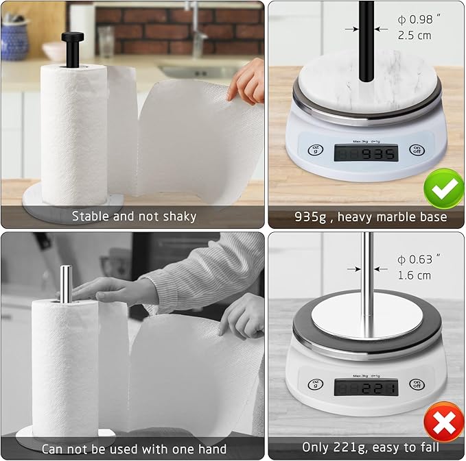 Paper Towel Holder Countertop with 7" Weighted White Marble Base - Modern Free Standing Paper Roll Holder, Matte Black Stainless Steel Stand Paper Towel Holder for Kitchen and Bathroom