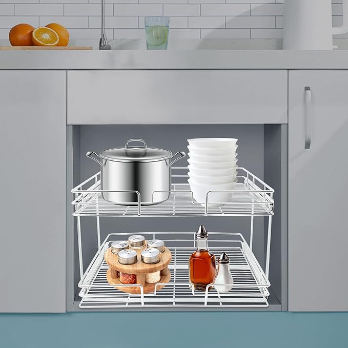 2 Tier Pull Out Cabinet Organizer 24 "W X 22 "D, Double Wire Basket Sliding Shelf, Pull Out Drawer for Kitchen Cabinets, Base Cabinet Organization for Kitchen, Bathroom, Pantry, Chrome (Silver)