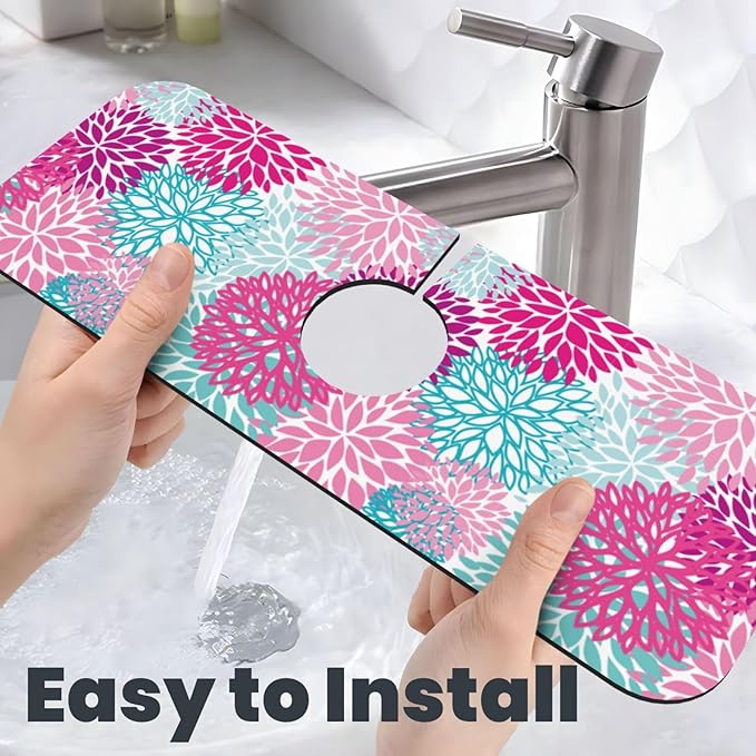 Dahlia Bright Flower 15" X 5.5" Kitchen Sink Splash Guard Faucet Faucet Guard Draining Mat Sink Splash Guard Faucet Kitchen Bathroom