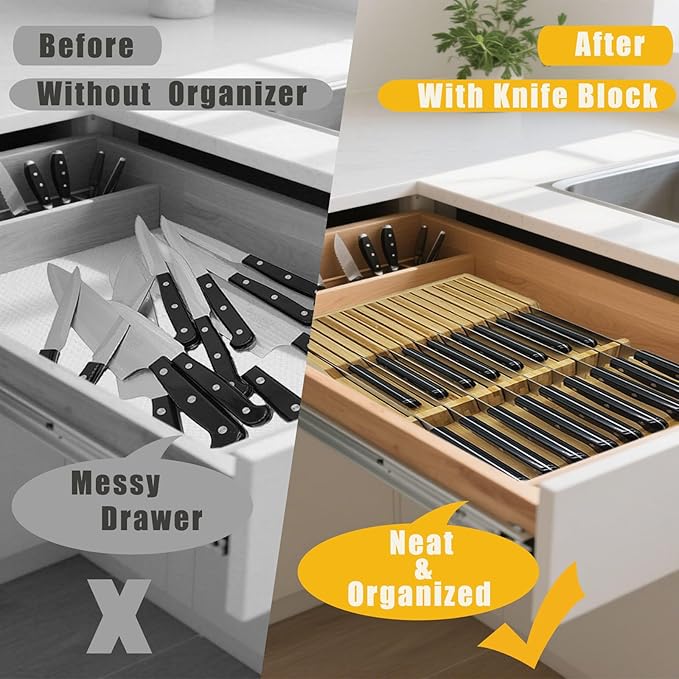 Bamboo In-Drawer Knife Block, 17 Slot Large Capacity Knives Organizer, Upper and Lower Kitchen Steak Knife Storage Rack - Holds 8 Short + 9 Long Knives