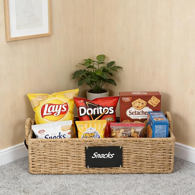 Snack Organizer for Countertop, Snack organizer snack basket tray with Handles, Paper Rope Wicker Basket snack Bar Station Decor, Food Storage Container for Pantry Organizer and Storage