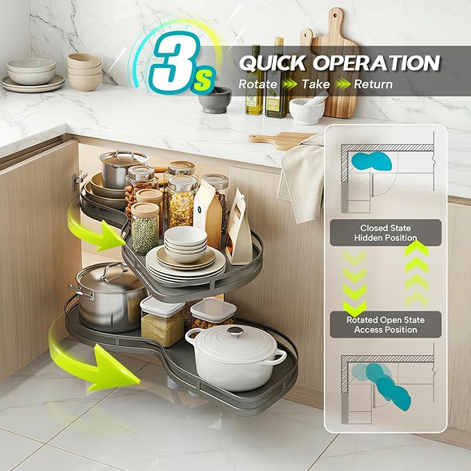 Blind Corner Cabinet Pull Out Organizer 12 14 16 18 Inch, 2 Tier Kitchen Cabinet Organizer, Heavy Duty Adjustable Lazy Susan Shelf with Soft Close, Left or Right Mount for Blind Corner Cabinets