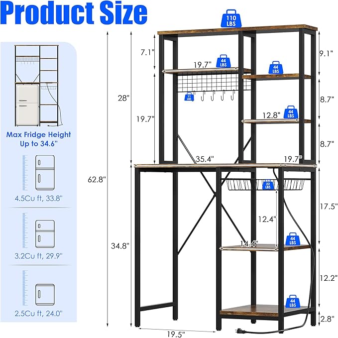 Mini Fridge Stand with Storage, Microwave and Coffee Bar Organizer with Power Outlet, Bakers Rack Storage Shelves for Kitchen Appliances, Perfect for Dorm Kitchen Coffee Bar, Vintage Brown