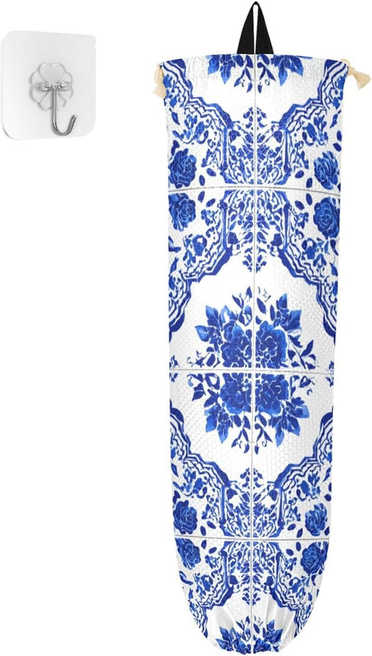 Plastic Bag Holder Wall Mount Grocery Bag Shopping Bag Storage Holder Organizer Dispenser with Adhesive Hook,for Kitchen Bathroom Home Decor 9x22 Inches Flowers Blue and White Geometric11