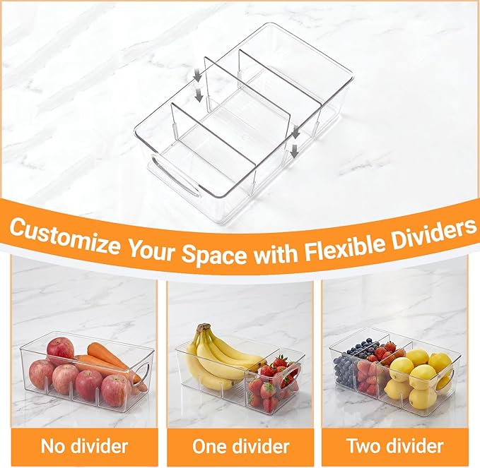 Clear Plastic Storage Bins, 2 Pack Pantry Organizers and Storage Bins with Handle and Removable Dividers for Kitchen, Office, Closet, Cabinet, Laundry Room, Freezer, Bathroom & Home organization