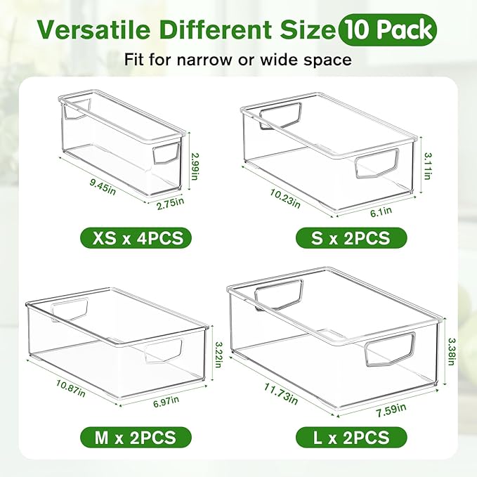 Clear Freezer Organizer Bins, 10 Pack Plastic Storage Bin, Stackable Snack Organizer for Pantry, Fridge Storage Containers with Handle for Cabinet, Kitchen