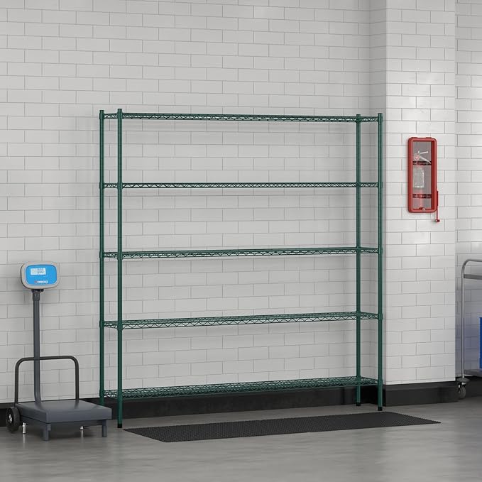 Commercial NSF Listed Green Epoxy Stationary Wire Shelving Kit 12" x 72" x 74", with 5 Shelves Perfect for Warehouse, Walk-in Refrigerator, Freezer, Grocery Store, Restaurant, Dishroom