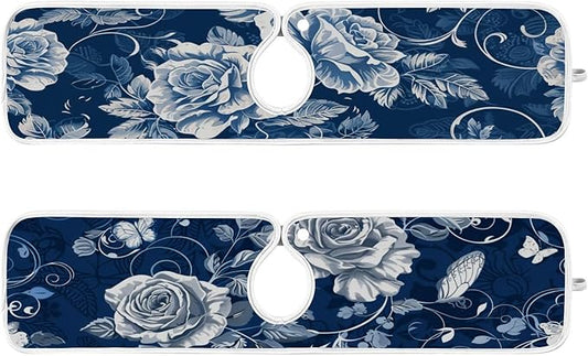 2 PCS Kitchen Sink Splash Guard 23.6 Inch Faucet Mat for Kitchen Sink Bathroom Sink Faucet Absorbing Drip Drain Mat Pad Microfiber Soft Washable Navy Blue Roses and Butterflies
