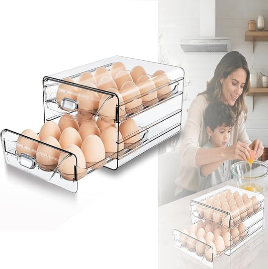 Egg Organizer for Refrigerator, Clear 24 Egg Holder for Fridge with Drawers,Stackable Egg Storage Dispenser for Refrigerator with Time Scale,High Capacity Container Fresh