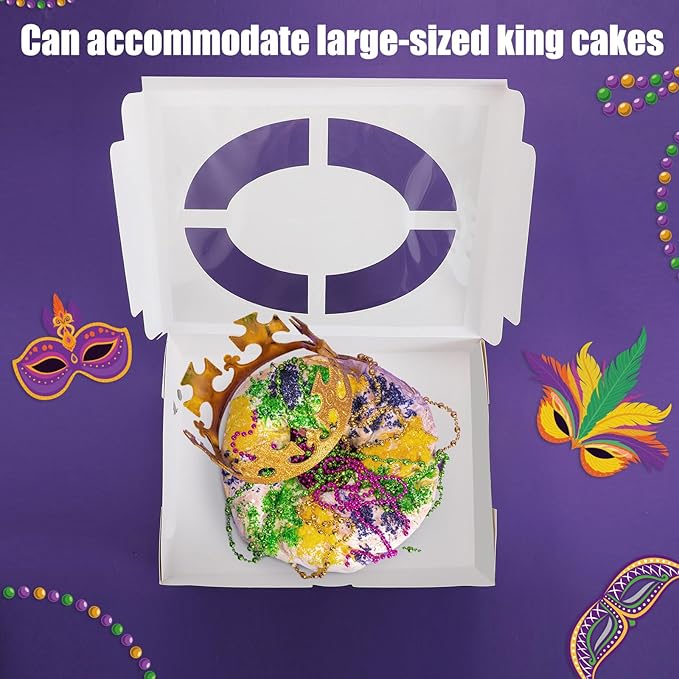 Ctosree 24 Pcs Mardi Gras King Cake Boxes with Window 14 x 10 x 3 Inches Cake Box Rectangle Cake Box Masquerade Party Goodie Gable Boxes for Mardi Gras Cake Decorating Supplies(Round Skylight)